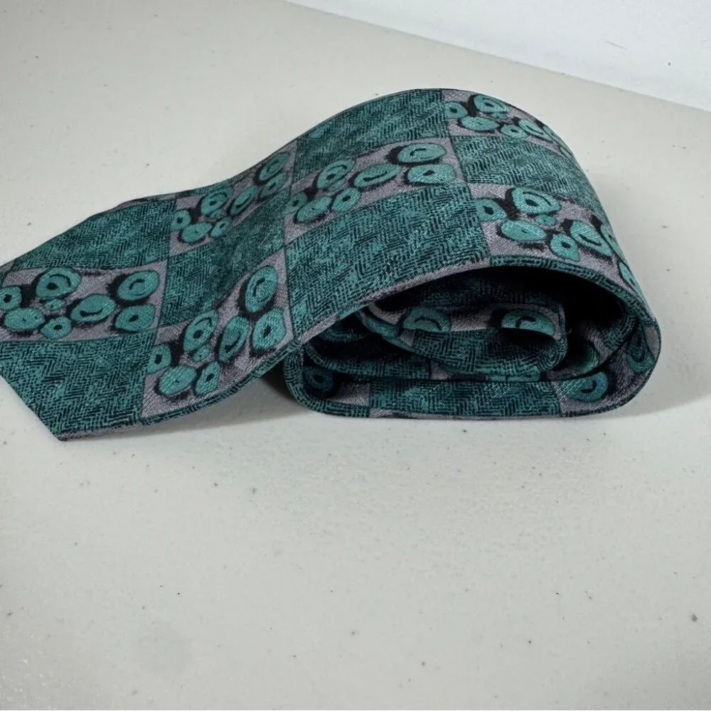 LEO Chevalier Silk Tie Teal Geometric Pattern Made in Canada Career Office Wear